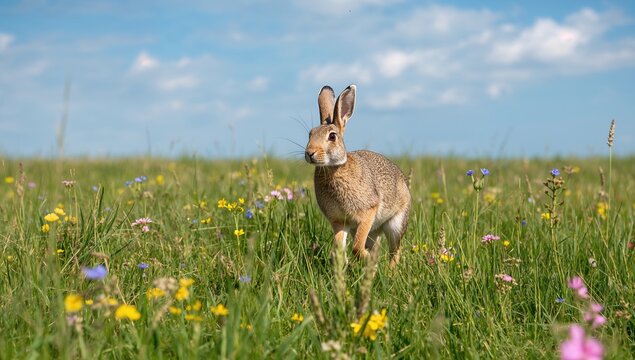 Hare sprinting across a grassy field