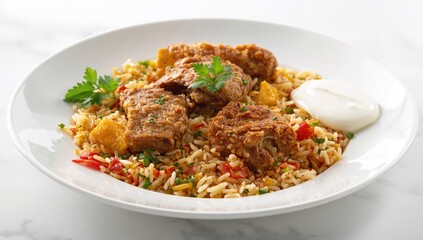 Middle Eastern cuisine. Meat pilaf. Rice combined with meat and veggies. Nutritious and tasty meal.