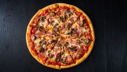 Slicing a tasty mushroom and ham pizza on a dark surface from above