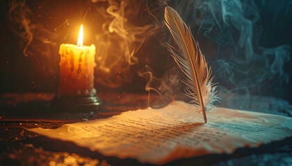 A quill pen writing on parchment under candlelight, cinematic lighting background