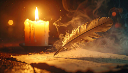 A quill pen writing on parchment under candlelight, cinematic lighting background