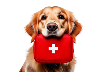 a golden retriever holding a red first aid kit in its mouth png 