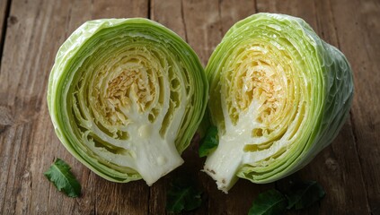 Half-cut fresh green cabbage on a wooden surface ready for cooking