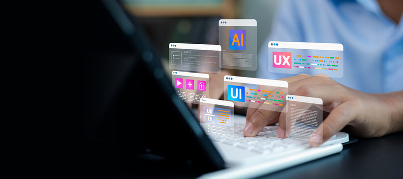 UI UX designer coding artificial intelligence interface on laptop, software developer designing user experience and AI technology concept