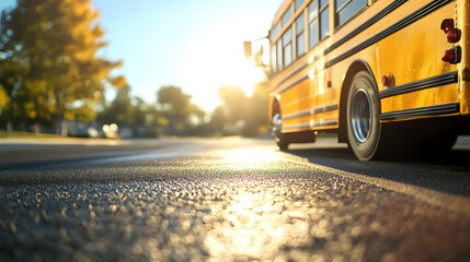 A school bus parked on blacktop under a clear, sunny sky.