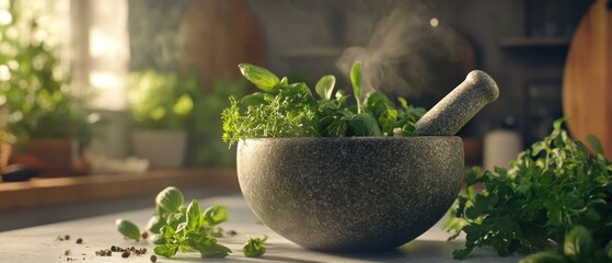 Fresh green herbs in granite mortar and pestle culinary still life food photography