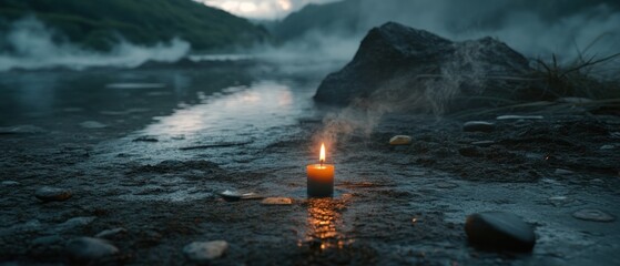 Burning candle on rocky shore calm water misty background