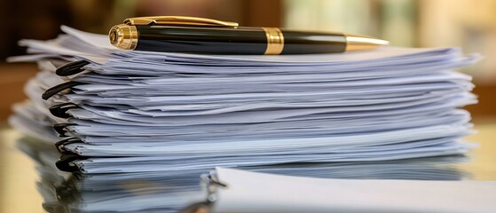 Stack of papers with pen office supplies and business documents