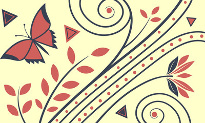 Floral Pattern with Butterfly and Geometric Elements on Soft Yellow Background