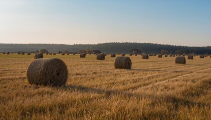 Bales of straw scattered across a rural meadow with a solitary cottage and wooded area behind, showcasing autumn scenery under a clear blue sky