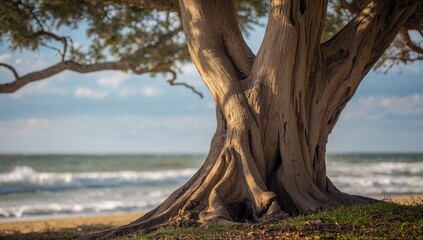 Scenic wooden trunk along the shoreline