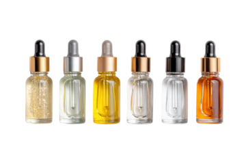 A row of six glass bottles with different colored liquids inside. The bottles are lined up next to each other on a white background
