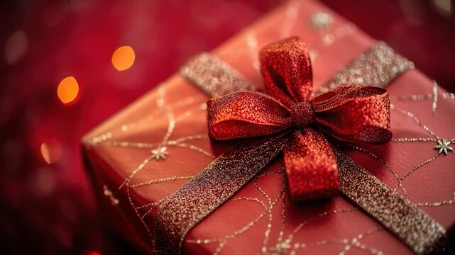 A small red gift box tied with a matching red bow, perfect for special occasions and holidays
