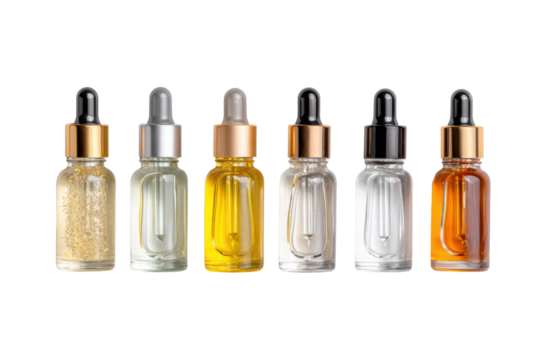 A row of six glass bottles with different colored liquids inside. The bottles are lined up next to each other on a white background