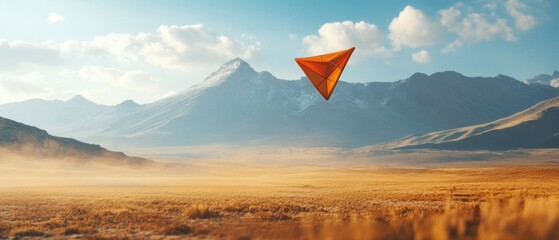 Triangular glider soaring over expansive golden plain and mountain range