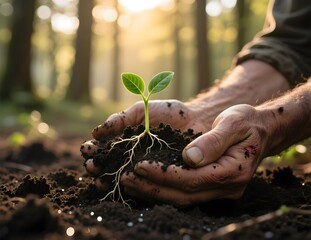 Hands Holding Young Plant Seedling in Rich Soil at Sunrise