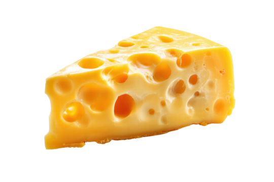 A slice of yellow cheese with holes in it. The cheese is cut in half and is sitting on a white background