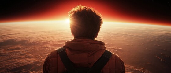 Person observing planet sunrise atmospheric view exploration adventure hope