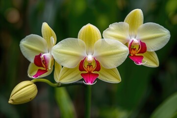 Fototapeta premium Vibrant Cymbidium blossoms in shades of yellow, white, and red close-up
