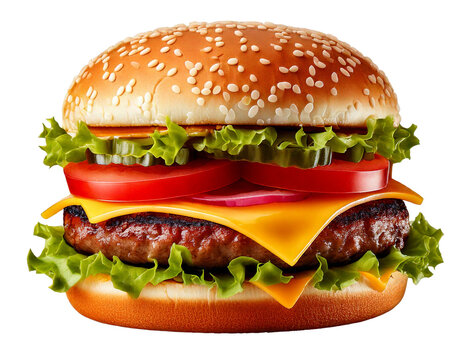 hamburger or burger with cheese and vegetables isolated on white background, image ai 