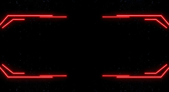 Futuristic red neon geometric frame with digital elements and stars on a dark background, abstract technology concept