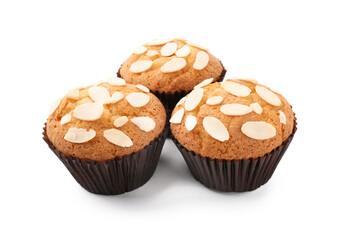 Tasty muffins with almond flakes isolated on white