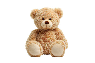 Obraz premium A teddy bear is sitting on a white background. The bear is brown and fluffy, and it is smiling. Concept of warmth and comfort, as the teddy bear is a common symbol of childhood and relaxation