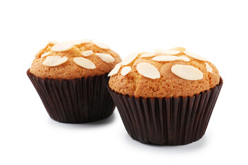 Tasty muffins with almond flakes isolated on white