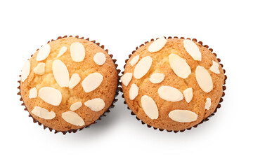 Tasty muffins with almond flakes isolated on white, top view