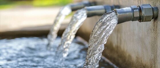 Water streams flowing from pipes into basin natural light outdoor setting