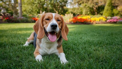 Beagle pauses for rest following extensive playtime outdoors