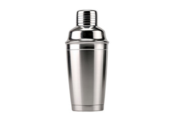 A silver cocktail shaker is sitting on a white background. The shaker is empty and has a silver lid