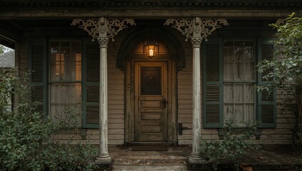 A view of an old house featuring window shutters and a lamp