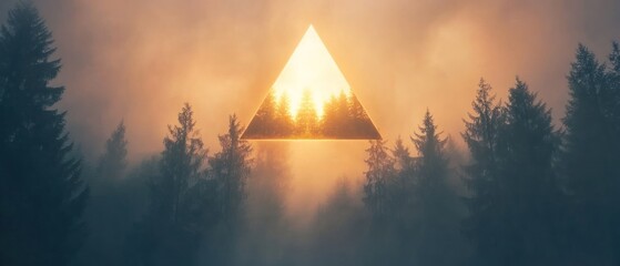 Misty forest sunrise with geometric triangle overlay abstract nature background image