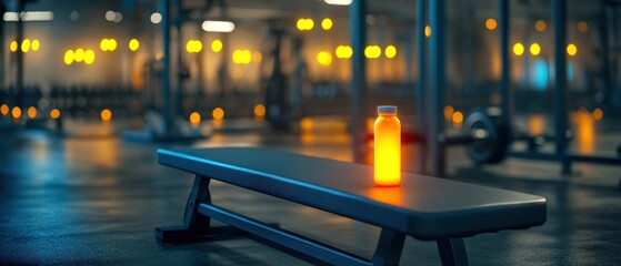 Glowing sports drink bottle on gym weight bench fitness and wellness concept