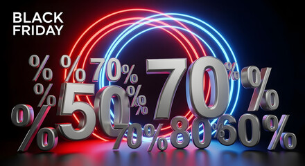 Black friday sale with large percentage discounts displayed in 3d, neon lights in the background, representing shopping and retail promotions