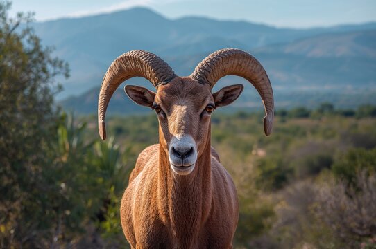 Wildlife portrait of Barbary sheep in a tropical mountain park during summer