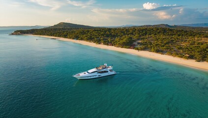 Drone aerial view of a high-end yacht moored near a vibrant turquoise beach on a tropical island