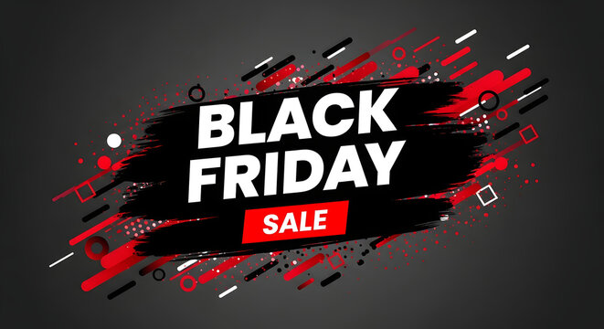Black friday sale text with abstract brush strokes and geometric shapes on a dark background, representing a promotional event for shopping and discounts