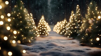 Christmas trees in snow with lights festive winter holiday background image for desktop and phone wallpaper