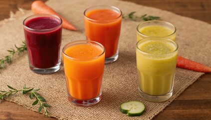 Freshly Squeezed Beetroot, Carrot, Cucumber, and Amla Beverages in Glasses