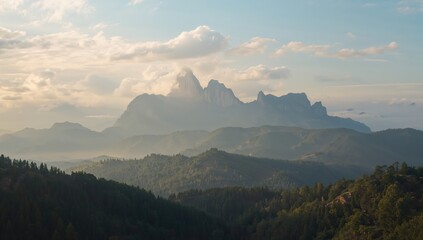 Fototapeta premium Thick fog enveloping the summits