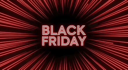 Black friday neon text glowing with red light streaks emanating from the center, creating a sense of speed and urgency for holiday shopping promotions and sales events