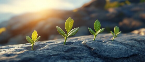 Small plants sprouting from rock nature growth concept