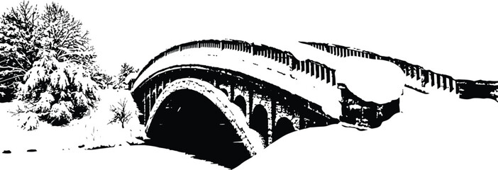 Snow covered bridge and trees create a stark black and white winter landscape