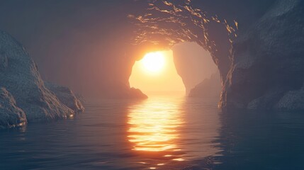 Sea cave sunset tranquil ocean and golden light reflection