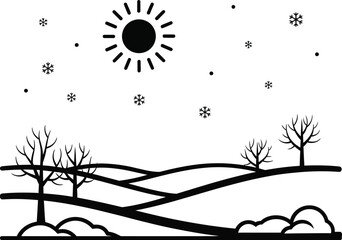 Minimalist winter landscape with sun trees and snow in black and white art