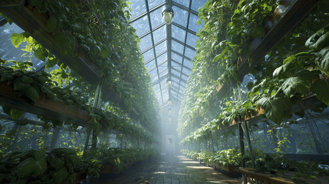 Lush greenhouse vertical farming hydroponic system smart agriculture sustainable food glass roof morning light green leaves indoor garden fresh