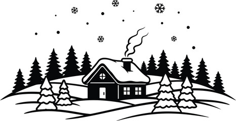 Winter scene with a cozy cabin in a snowy landscape with trees and snowflakes