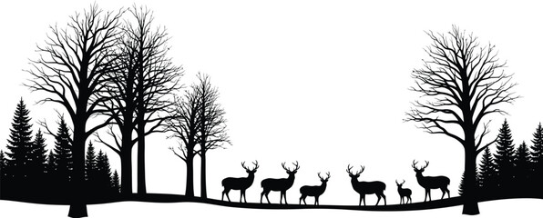Silhouette of deer family in winter forest landscape against a white backdrop